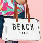 White BEACH PLEASE Print Large Canvas Tote Bag