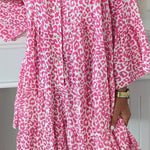 Bright Pink Leopard Printed Long Sleeve Buttoned Front Mini Dress