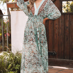 Green Boho Floral Print Lace-up Open Back High Waist Maxi Dress