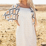 Beige Western Aztec Print Pleated Square Neck Loose Mini Dress