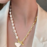 Gold Heart Shape Pendant Rhinestone Decor Pearl Chain Necklace