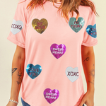 Pink Sequin Valentines Lettering Heart Patched Crewneck T Shirt