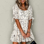 Beige Floral Print Square Neck Shirred Back Puff Sleeve Mini Dress