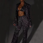 3pcs Shiny Long-sleeved Suit With Bra Lapel Blazer And Straight-leg Trousers Fashion Party Jacket Set For Women Clothing