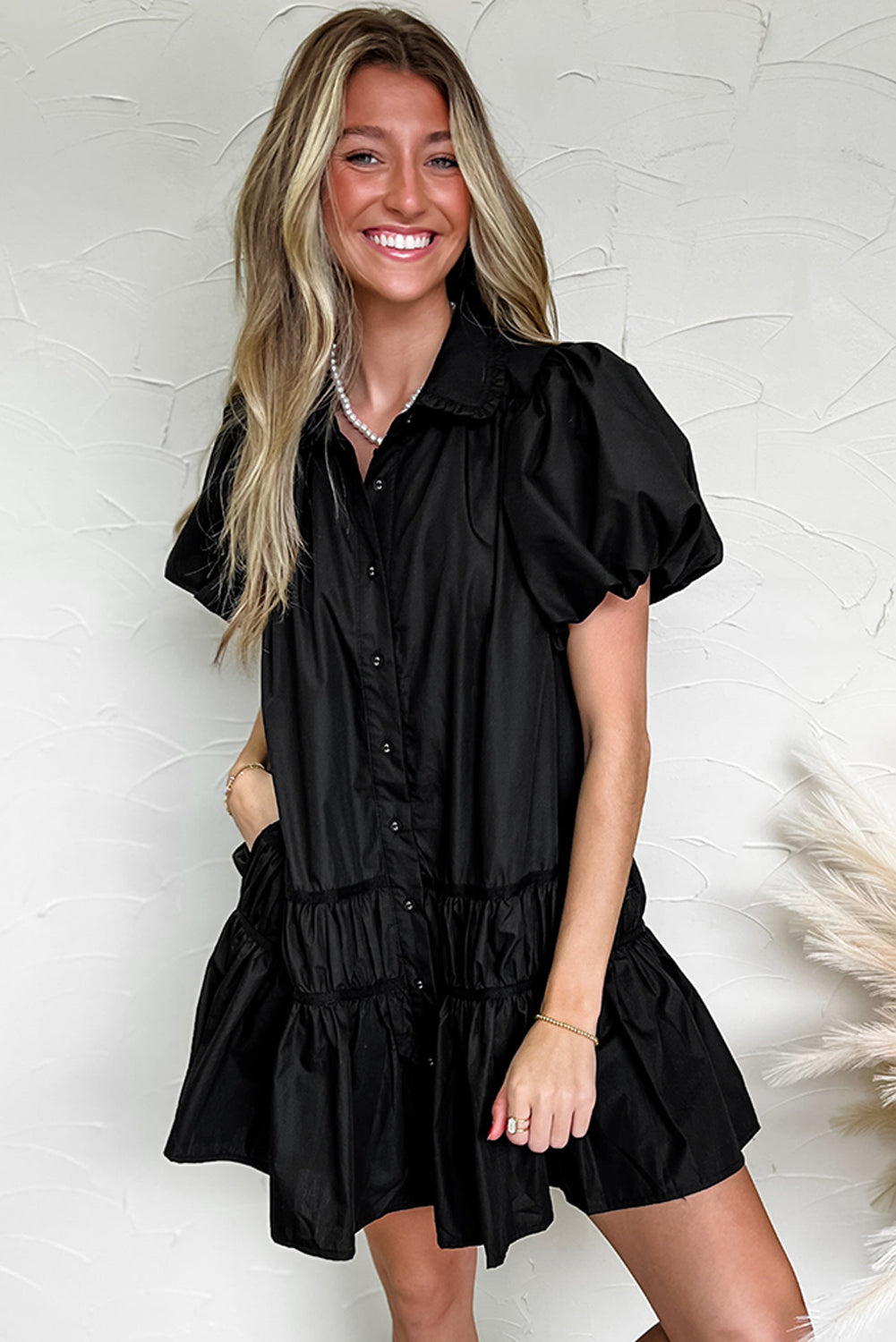 Black Shirt Style Button Down Puff Sleeve Ruffle Hem Dress