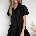 Black Shirt Style Button Down Puff Sleeve Ruffle Hem Dress