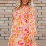 Orange Abstract Print Smocked Lantern Sleeve Ruffle Mini Dress