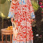 Orange Boho Geometric Printed Long Sleeve Maxi Dress