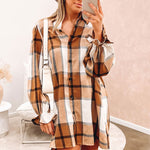 Khaki Plaid Pattern Collared Neck Ruffled Sleeve Shirt Dress