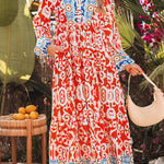 Orange Boho Geometric Printed Long Sleeve Maxi Dress