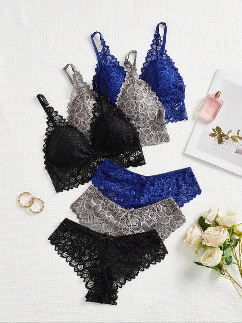 Women'S Back to School Lace Underwear Set, Romantic Adjustable Strap Wireless Bra & Bow Decor Panty Set, Fall Clothes, Women'S Lingerie Set, Lingerie for Women