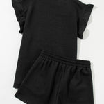 Black Textured Ruffle Split Top and Drawstring Shorts