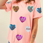 Pink Sequin Valentines Lettering Heart Patched Crewneck T Shirt