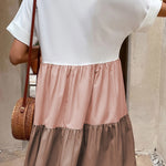 Light French Beige Triple Colors V Neck Folded Cuffs Tiered Loose Dress