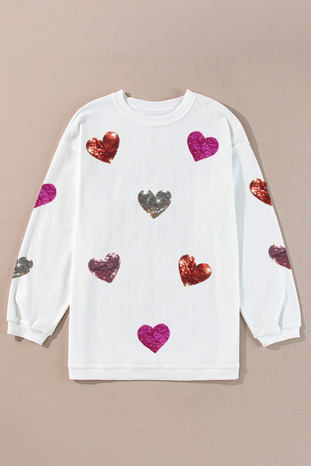 White Valentines Heart Patched Pattern Corded Pullover Sweatshirt