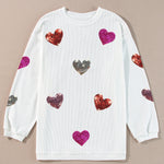 White Valentines Heart Patched Pattern Corded Pullover Sweatshirt