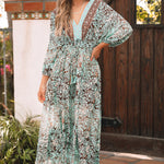 Green Boho Floral Print Lace-up Open Back High Waist Maxi Dress